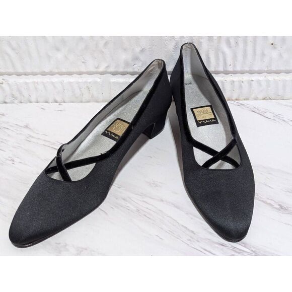 Nina Women's 9.5M Black Luster Satin Velvet Rosie Pump Heels Size 9.5M New In Bo - Picture 1 of 9